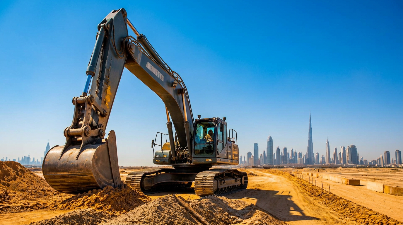 Hydraulic excavator working on a UAE infrastructure site at dusk