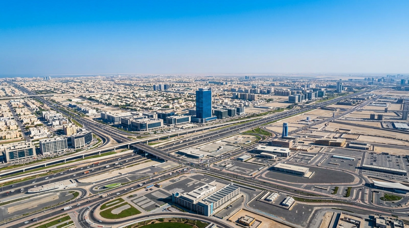 Aerial night view of UAE infrastructure and city lights